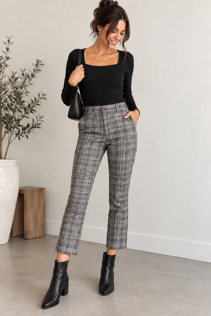 Abercrombie & Fitch Simone Plaid High Rise Ankle Flare Tailored Trouser Pants